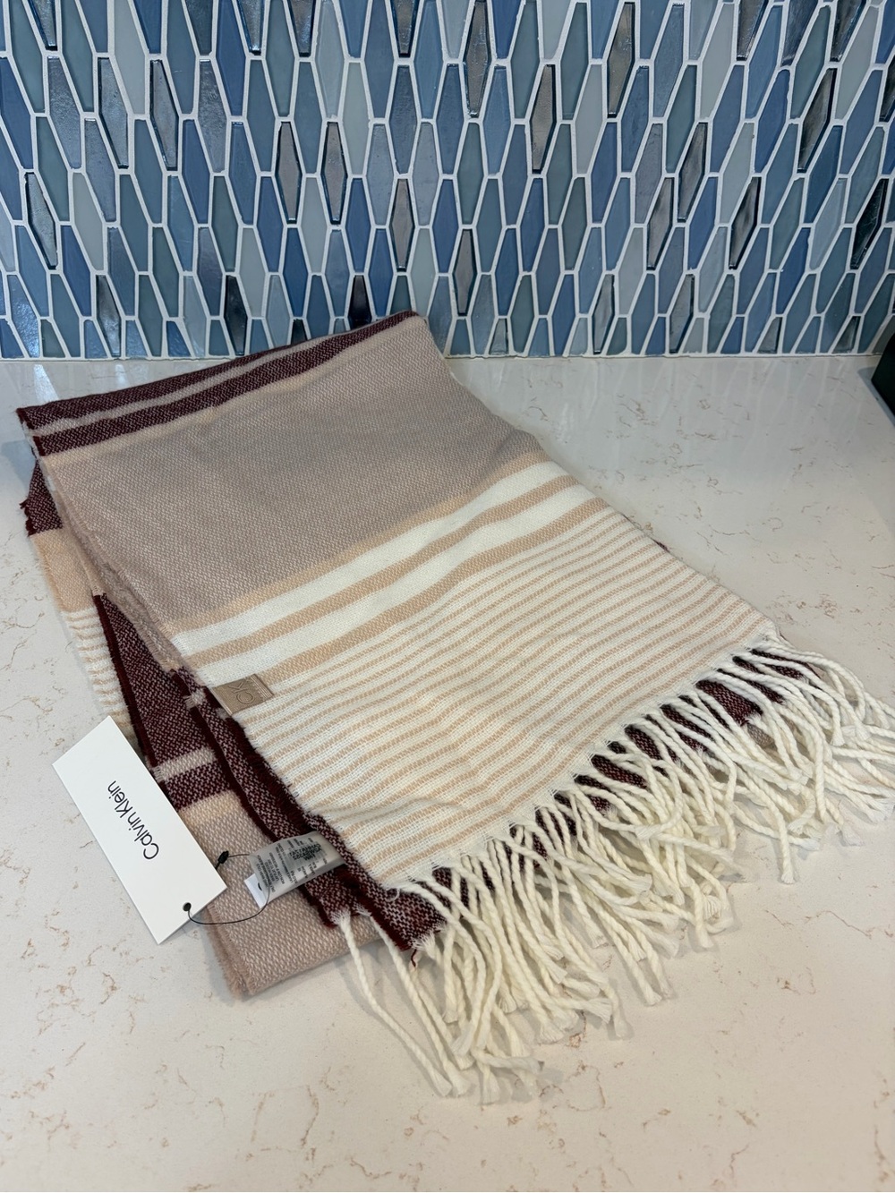Calvin Klein Cream, Beige and Maroon Striped Fringe Scarf